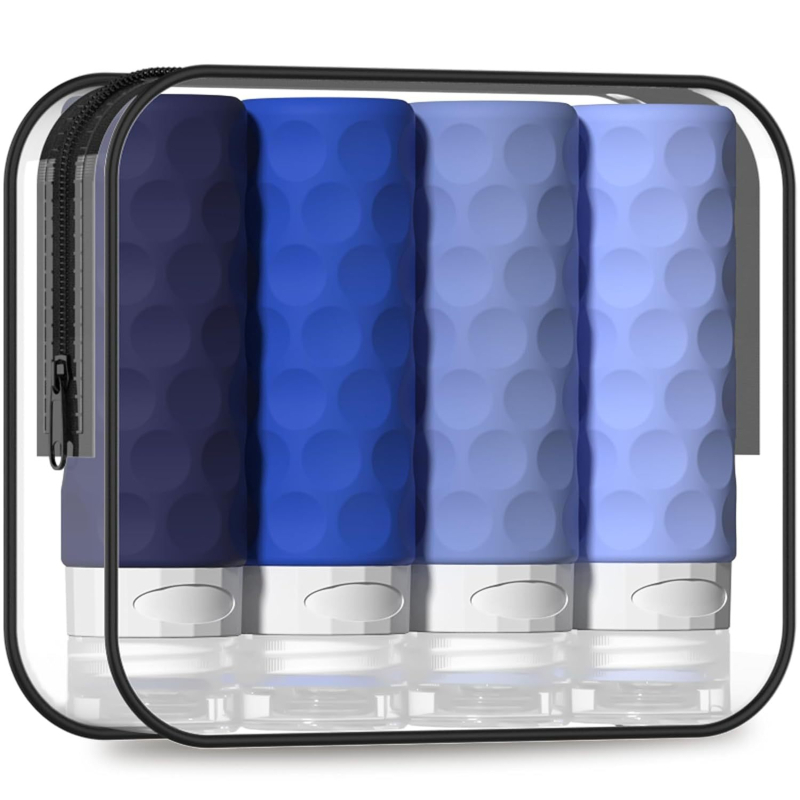 Set de 4 sticle dozatoare din silicon pentru șampon – capacitate 90 ml, turnare prin presare cu ulei