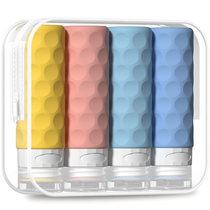 Set de 4 sticle dozatoare din silicon pentru șampon – capacitate 90 ml, turnare prin presare cu ulei