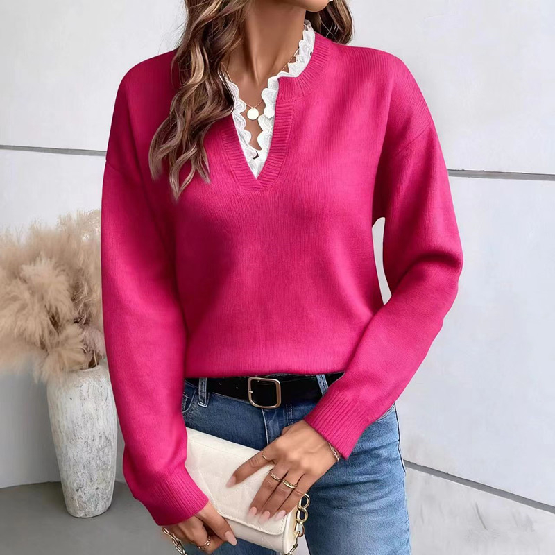 Пуловер с V-образно деколте и дантелен кант, дамски трикотажен топ с дълги ръкави, вискоза, без набръчкване, елегантен офис стил