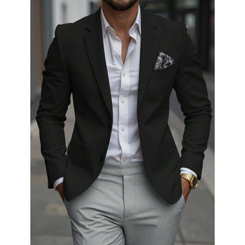 Vyriškas švarkas su space-dyed audiniu ir kišenėmis, trys mygtukai, prigludęs kirpimas (Sintetinių pluoštų mišinys • Acetato pluoštas • Keturiems metų laikams)