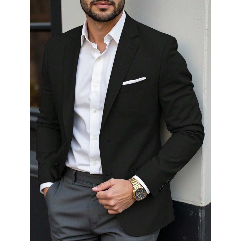 Vyriškas švarkas su space-dyed audiniu ir kišenėmis, trys mygtukai, prigludęs kirpimas (Sintetinių pluoštų mišinys • Acetato pluoštas • Keturiems metų laikams)