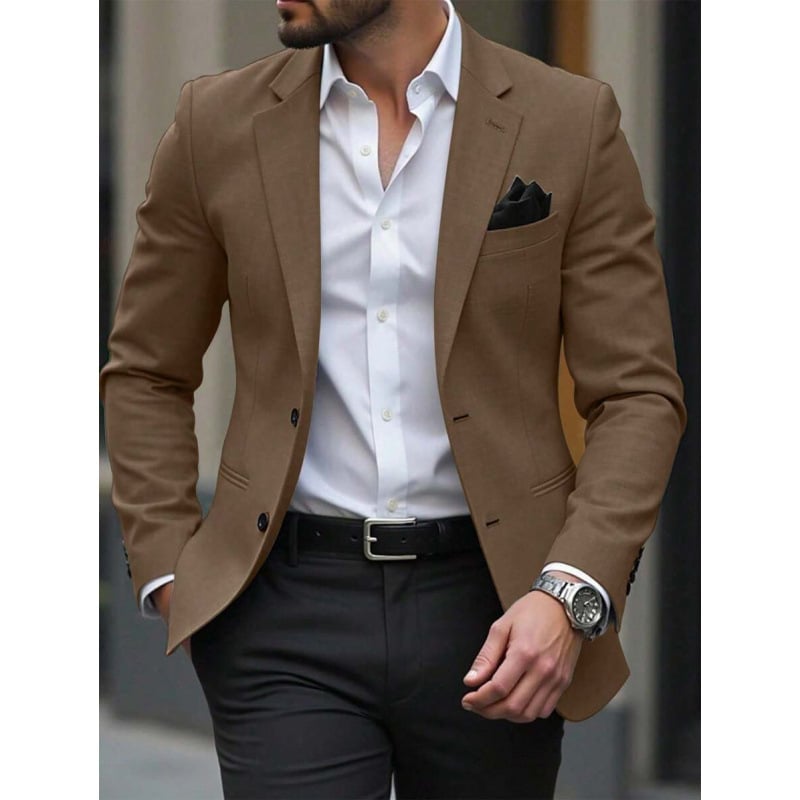 Vyriškas švarkas su space-dyed audiniu ir kišenėmis, trys mygtukai, prigludęs kirpimas (Sintetinių pluoštų mišinys • Acetato pluoštas • Keturiems metų laikams)