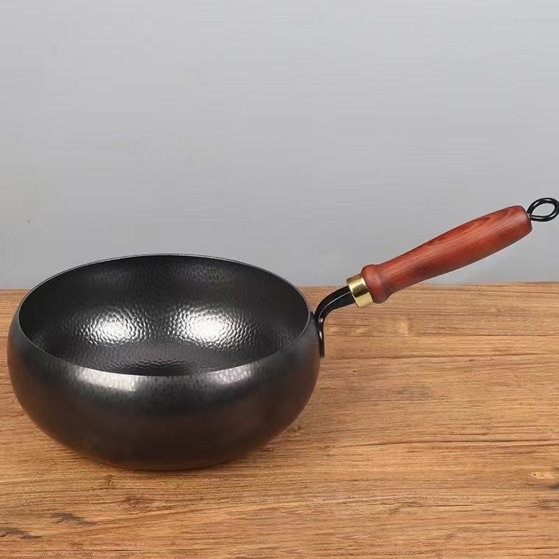 Ručne kované wok z jemného železa, čínskeho štýlu, nepriľnavý, sklenená pokrievka, hĺbka 10,5 cm