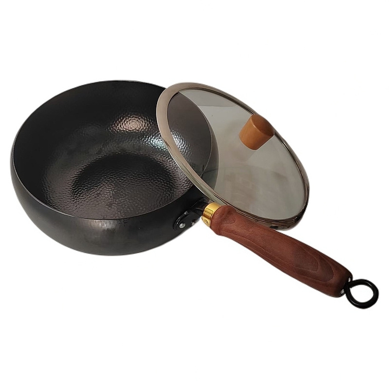 Ručne kované wok z jemného železa, čínskeho štýlu, nepriľnavý, sklenená pokrievka, hĺbka 10,5 cm