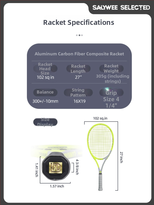 Tennise reket klaaskiust raamiga, sirge vars disain, käepide G2, sobib algajatele ja keskastme mängijatele