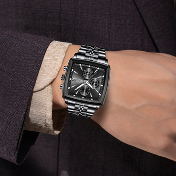 Pánske kvarcové hodinky so štvorcovým ciferníkom – luminiscenčný displej, kalendár, malá sekundová ručička; nerezový náramok; vodotesnosť 30M