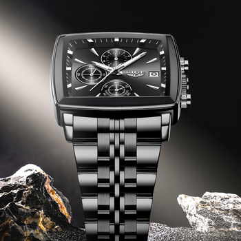 Pánske kvarcové hodinky so štvorcovým ciferníkom – luminiscenčný displej, kalendár, malá sekundová ručička; nerezový náramok; vodotesnosť 30M