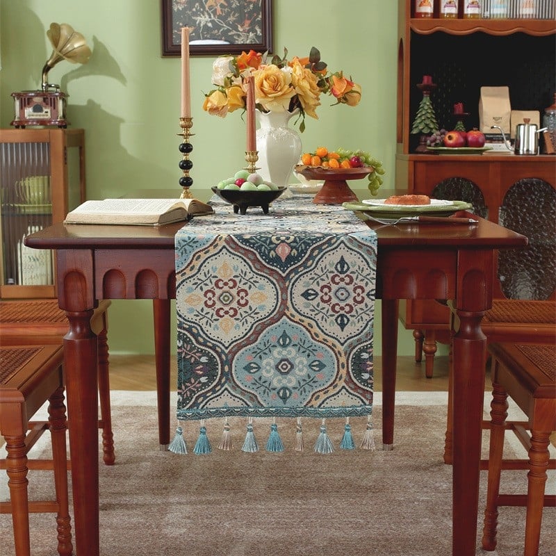 Трапезно покривало за маса с ресни - етно жакардов десен, райета, 70% полиестер / 30% памук