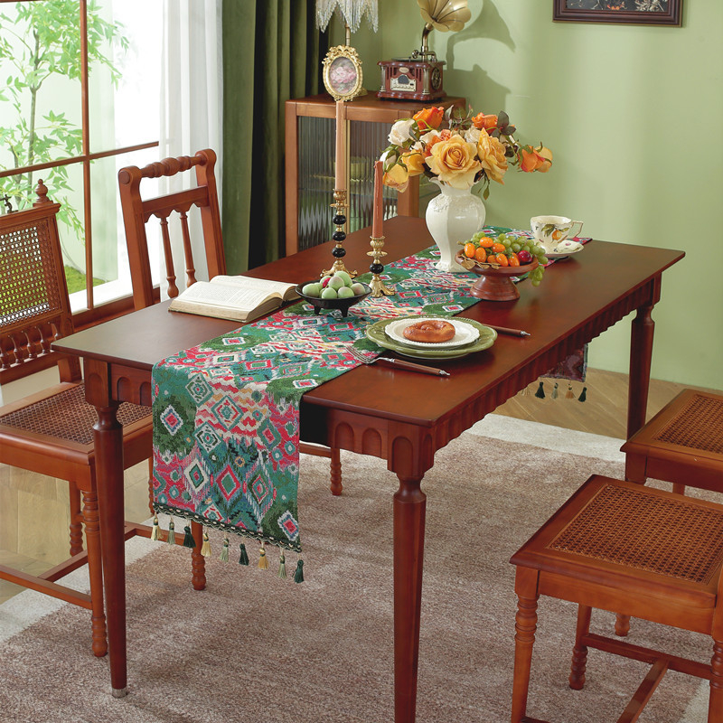 Трапезно покривало за маса с ресни - етно жакардов десен, райета, 70% полиестер / 30% памук
