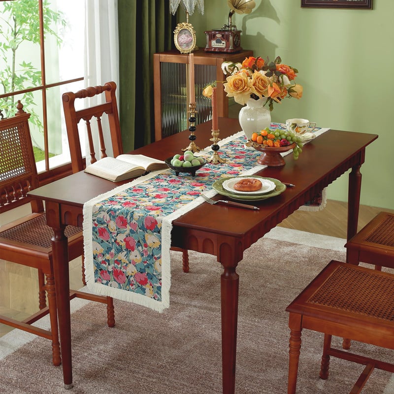 Трапезно покривало за маса с ресни - етно жакардов десен, райета, 70% полиестер / 30% памук