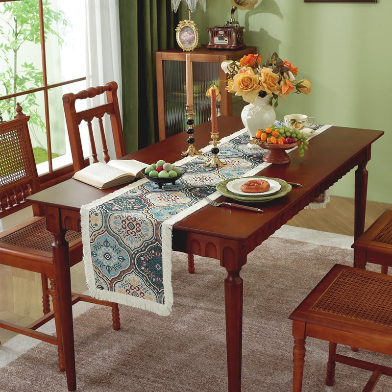 Трапезно покривало за маса с ресни - етно жакардов десен, райета, 70% полиестер / 30% памук