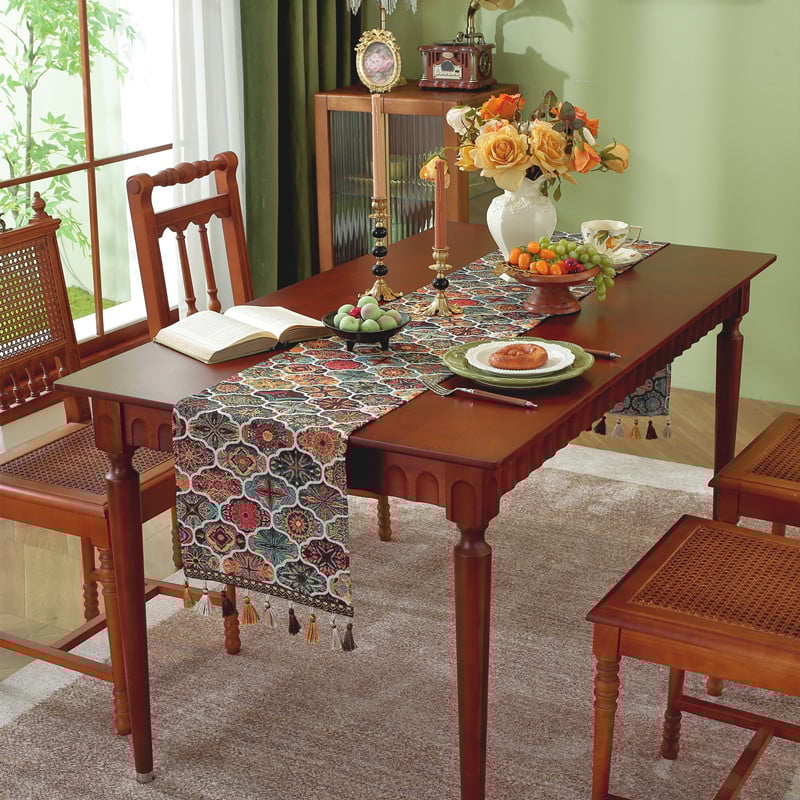 Трапезно покривало за маса с ресни - етно жакардов десен, райета, 70% полиестер / 30% памук