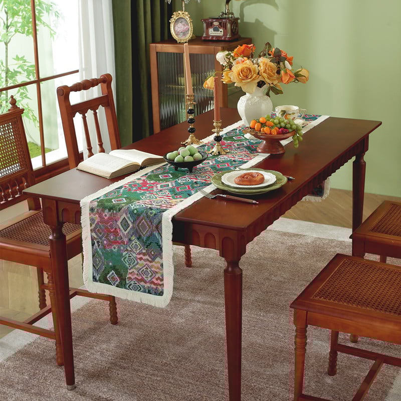 Трапезно покривало за маса с ресни - етно жакардов десен, райета, 70% полиестер / 30% памук