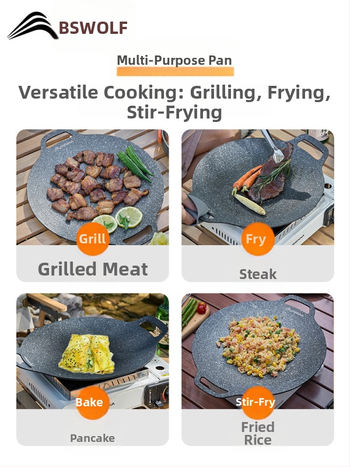 Lauko kasetės viryklės grilio keptuvė – nešiojama, neprilipstant, iš geležies; Prekės ženklas: Bswolf (kempingui)