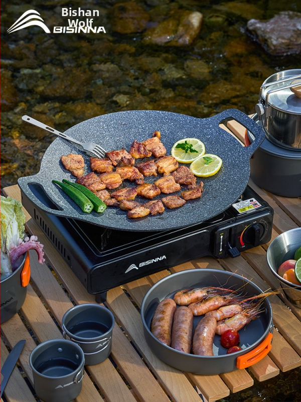 Lauko kasetės viryklės grilio keptuvė – nešiojama, neprilipstant, iš geležies; Prekės ženklas: Bswolf (kempingui)