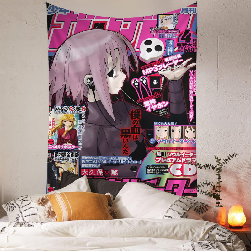 Tapeta s anime témou a hippie kvetmi, polyester, digitálny tepelný prenos, obdĺžnikový tvar, obsah vlákien 71-80%