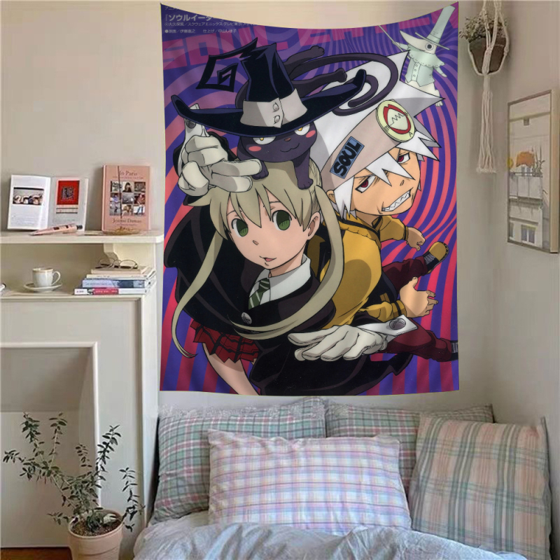 Tapeta s anime témou a hippie kvetmi, polyester, digitálny tepelný prenos, obdĺžnikový tvar, obsah vlákien 71-80%