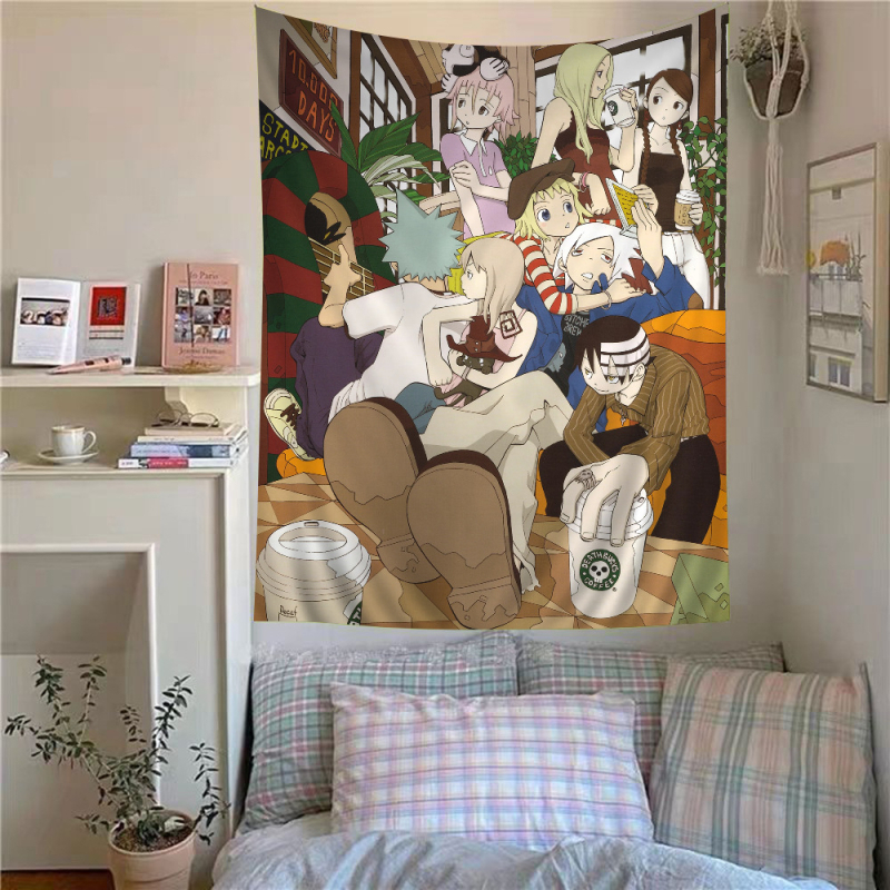 Tapeta s anime témou a hippie kvetmi, polyester, digitálny tepelný prenos, obdĺžnikový tvar, obsah vlákien 71-80%