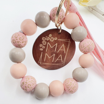 Lant de chei personalizat cu mărgele din lemn imprimate, plăcuță rotundă din lemn, piesă metalică și ciucuri de catifea