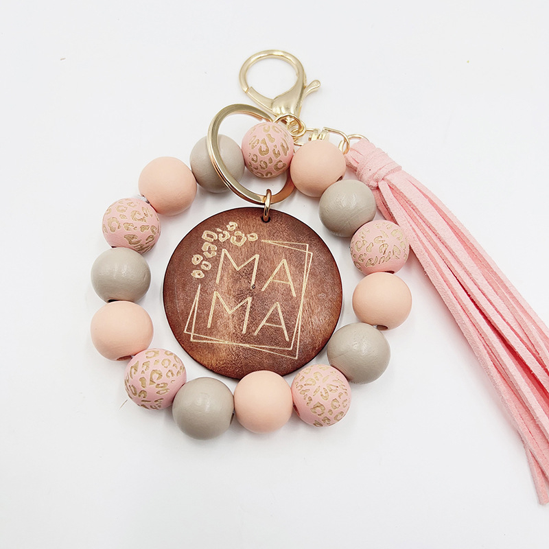 Lant de chei personalizat cu mărgele din lemn imprimate, plăcuță rotundă din lemn, piesă metalică și ciucuri de catifea