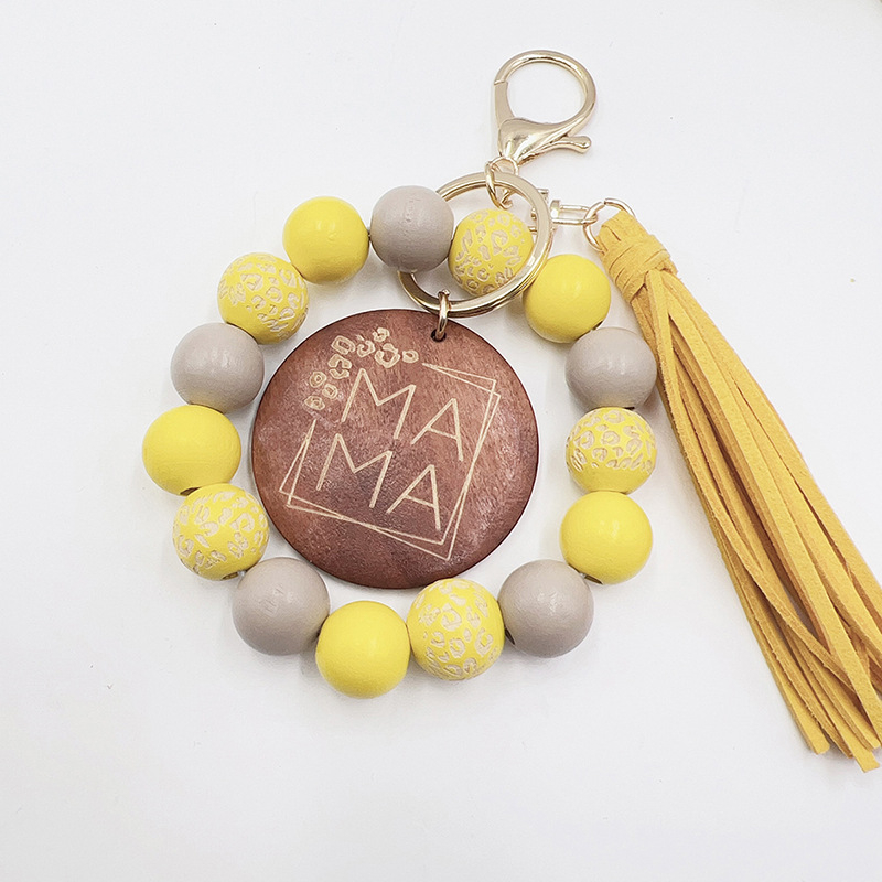 Lant de chei personalizat cu mărgele din lemn imprimate, plăcuță rotundă din lemn, piesă metalică și ciucuri de catifea