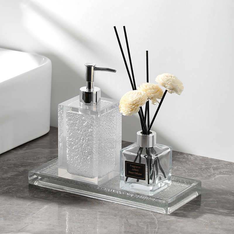 Sticluţă dozatoare pentru dezinfectant de mână pentru baie de hotel, set cu pompă de loțiune și tavă pentru chiuvetă – set de trei până la patru piese, ambalaj cosmetic