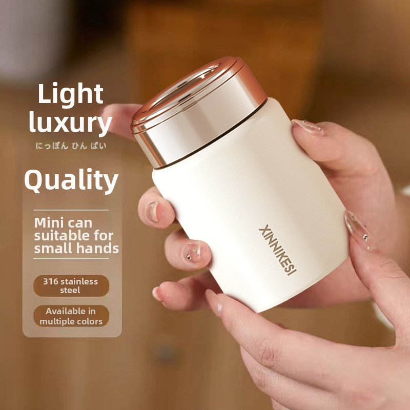 Mini termosová šálka pre ženy, prenášateľná a kompaktná, oddelenie čaju a vody; vnútorný tank 316 SS, vonkajší plášť 304 SS, vákuová izolácia 0–6 h, možnosť potlače loga