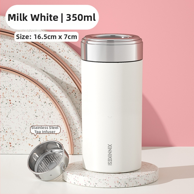 Mini termosová šálka pre ženy, prenášateľná a kompaktná, oddelenie čaju a vody; vnútorný tank 316 SS, vonkajší plášť 304 SS, vákuová izolácia 0–6 h, možnosť potlače loga