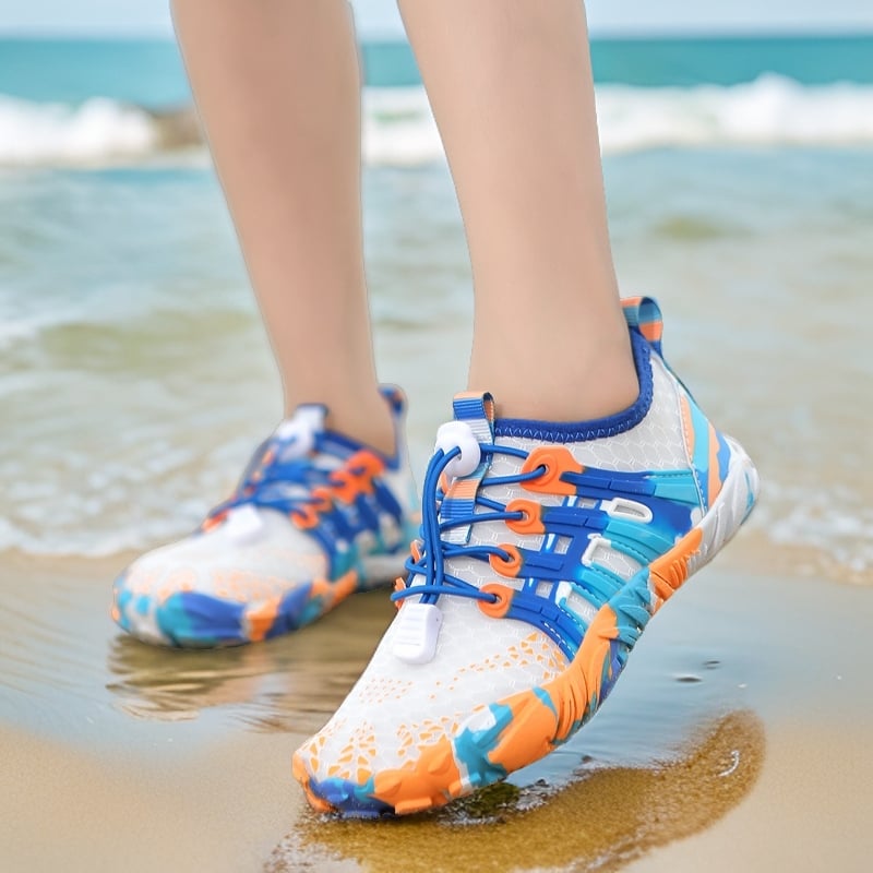 Laste veesõrmed väljasõitudeks ja randade jaoks – hingav võrkvooder, elastne rihmaga kinnitamine, madal ülemine, pealmine kiht sünteetilisest nahast, talla naturaalne kumm