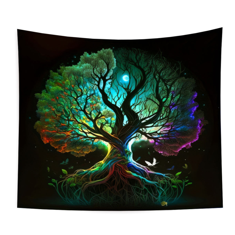 Stena gobelín s motívom Stromu života a krajinky – 100% polyester, strojové tkanie, obdĺžnik, domová dekorácia