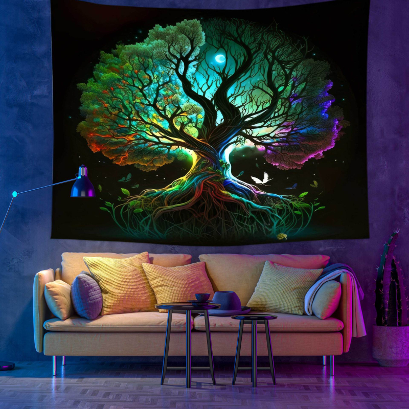 Stena gobelín s motívom Stromu života a krajinky – 100% polyester, strojové tkanie, obdĺžnik, domová dekorácia