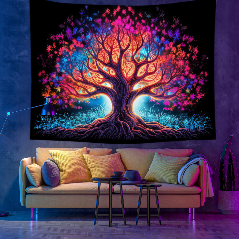 Stena gobelín s motívom Stromu života a krajinky – 100% polyester, strojové tkanie, obdĺžnik, domová dekorácia