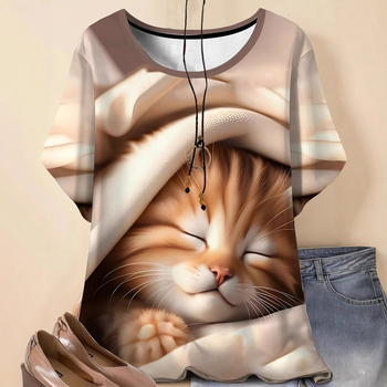 Дамска безръкавна тениска от полиестер, принт с 3D ефект, кръгла яка, регулярна дължина