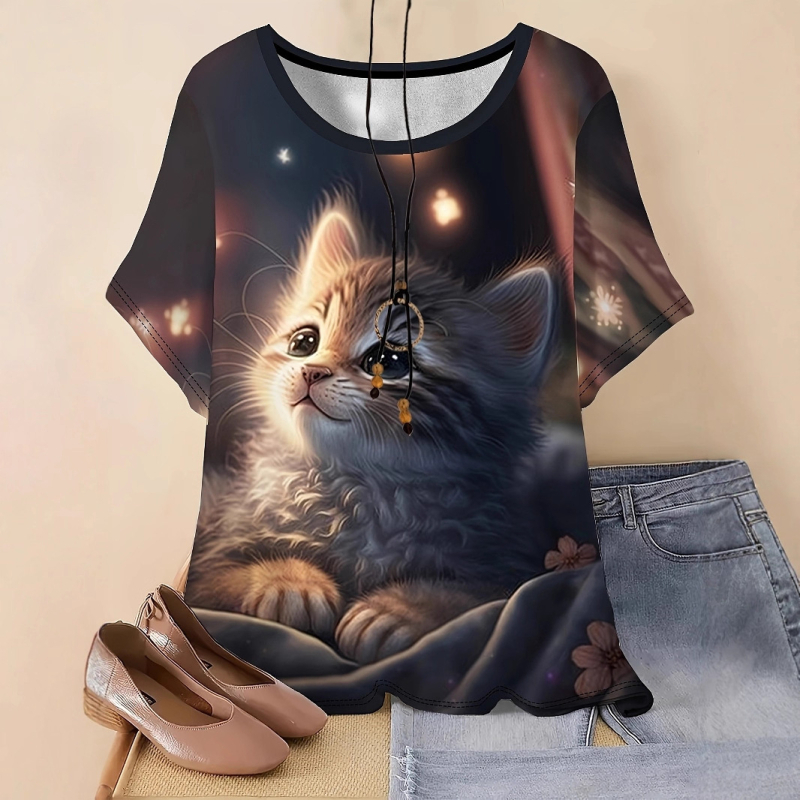 Дамска безръкавна тениска от полиестер, принт с 3D ефект, кръгла яка, регулярна дължина