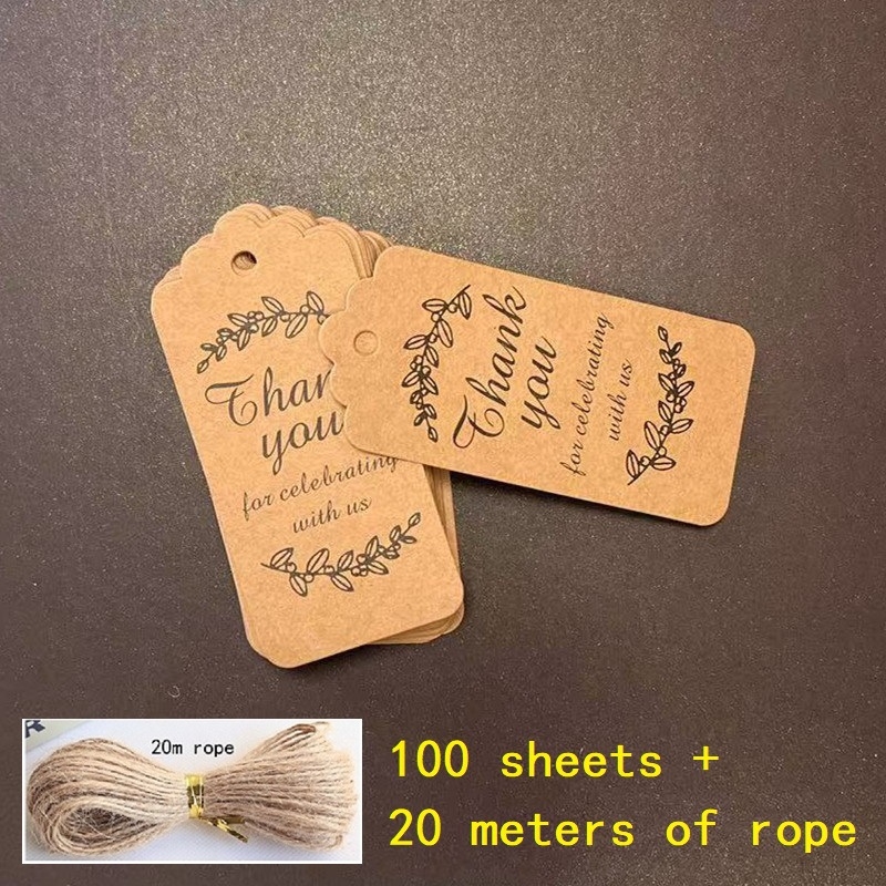 Kraft papīra pateicības etiķete dāvanu karšu iesaiņošanai, ietver 100 lapas un 20 m konopes auklu