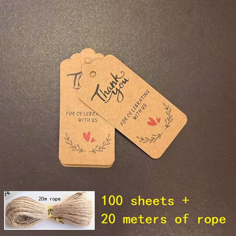 Kraft papīra pateicības etiķete dāvanu karšu iesaiņošanai, ietver 100 lapas un 20 m konopes auklu