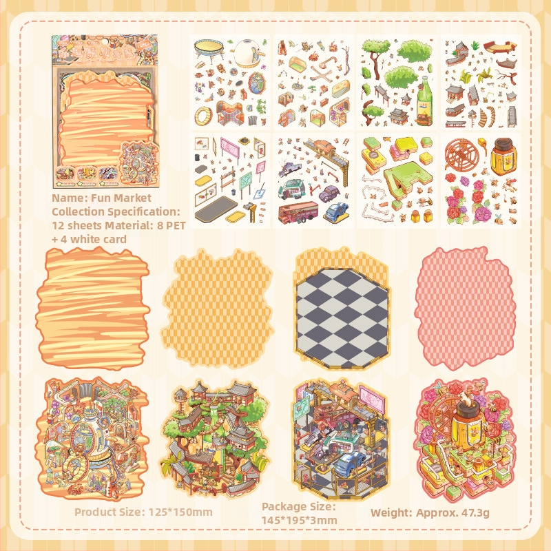 3D mini krajinkové nálepky - vrstvená scéna domčekov, DIY, kreslený štýl, 12 ks