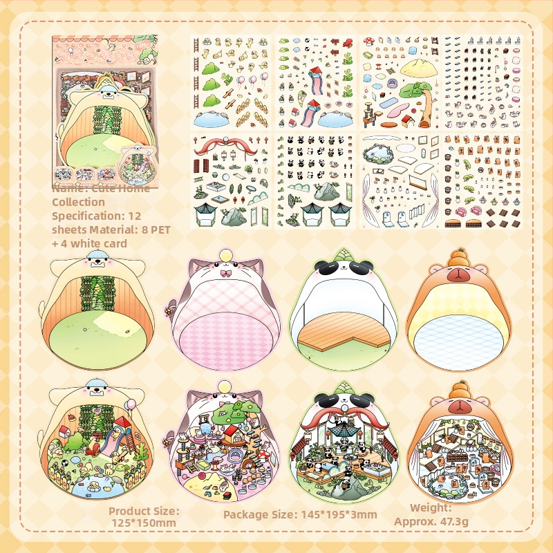 3D mini krajinkové nálepky - vrstvená scéna domčekov, DIY, kreslený štýl, 12 ks