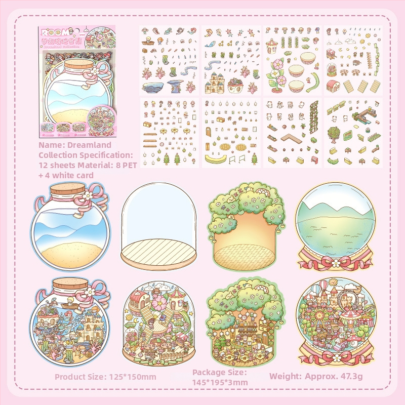 3D mini krajinkové nálepky - vrstvená scéna domčekov, DIY, kreslený štýl, 12 ks