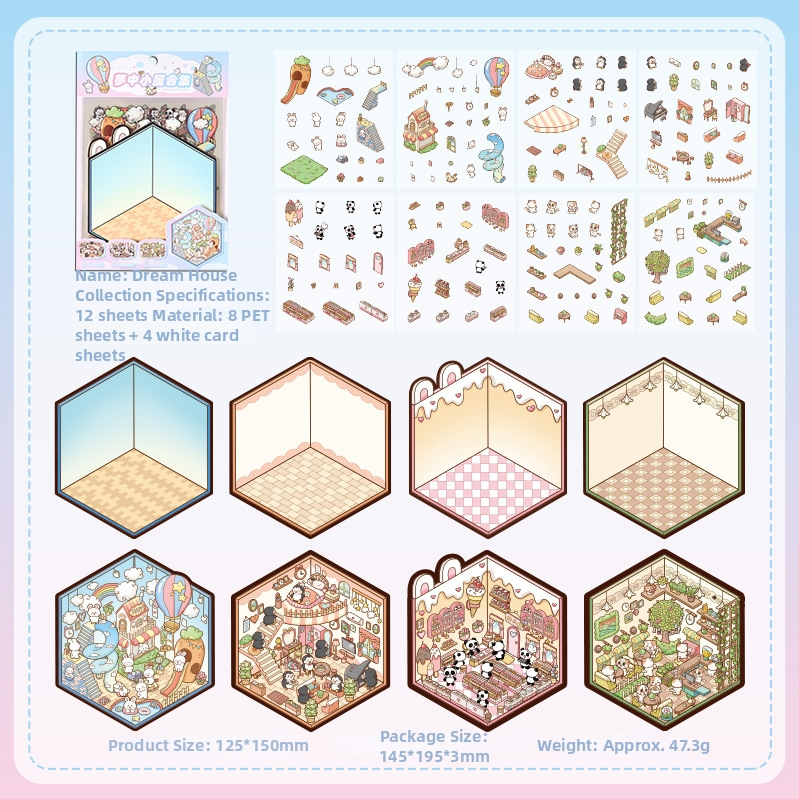 3D mini krajinkové nálepky - vrstvená scéna domčekov, DIY, kreslený štýl, 12 ks