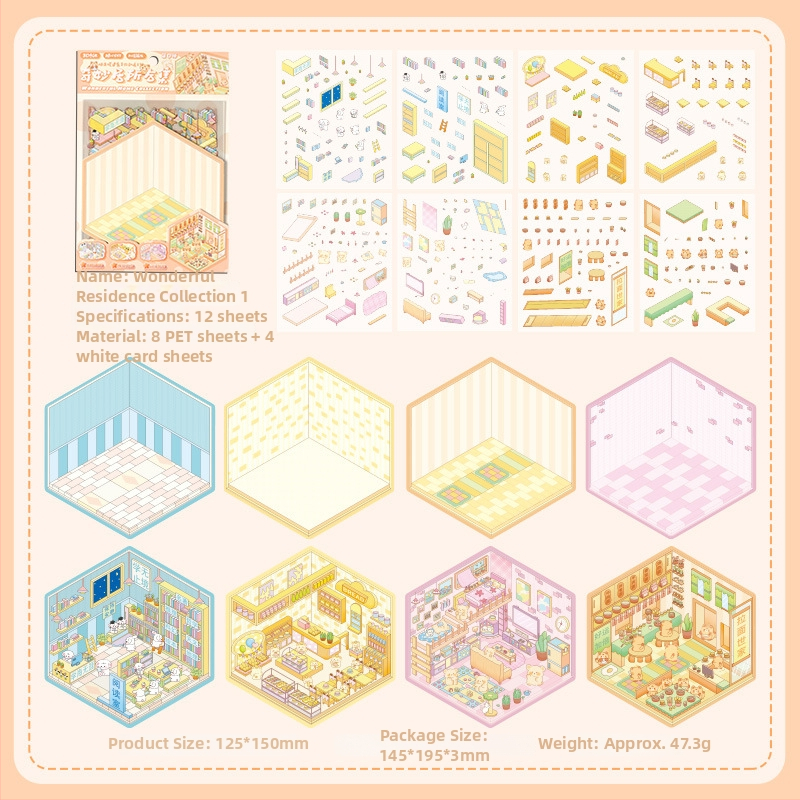 3D mini krajinkové nálepky - vrstvená scéna domčekov, DIY, kreslený štýl, 12 ks