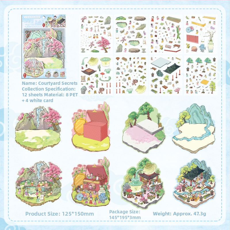 3D mini krajinkové nálepky - vrstvená scéna domčekov, DIY, kreslený štýl, 12 ks