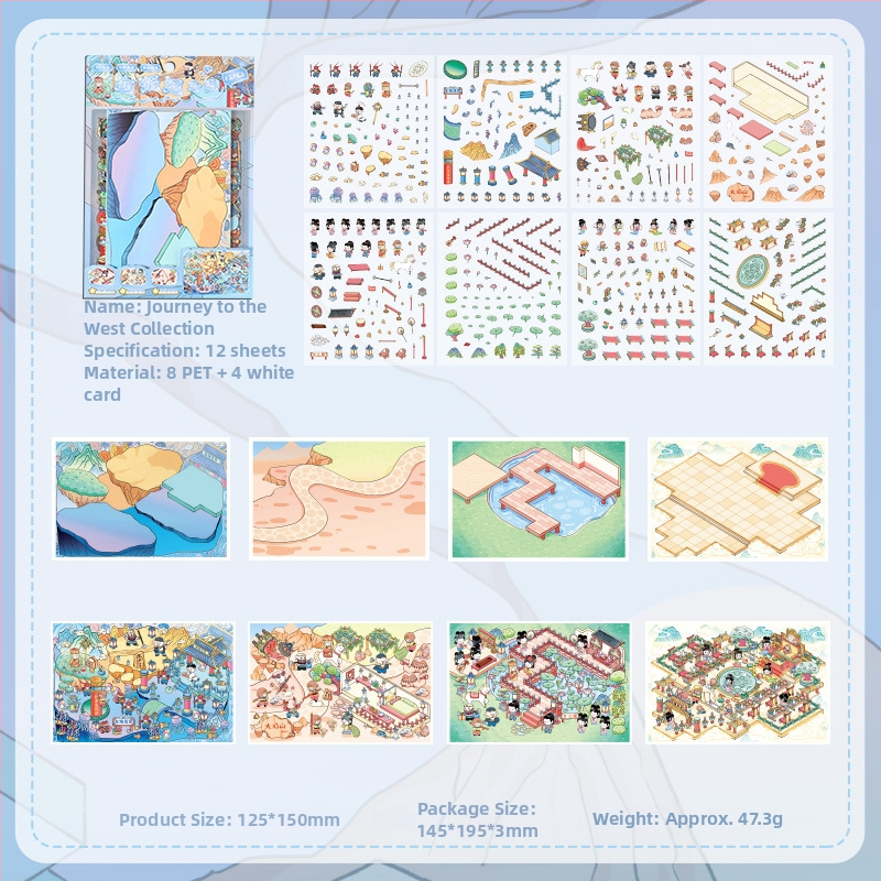 3D mini krajinkové nálepky - vrstvená scéna domčekov, DIY, kreslený štýl, 12 ks