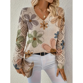 Пуловер с флорални мотиви, V-образно деколте, дълги ръкави, свободна кройка, полиестер ≥95%