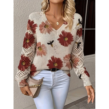 Пуловер с флорални мотиви, V-образно деколте, дълги ръкави, свободна кройка, полиестер ≥95%