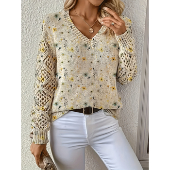 Пуловер с флорални мотиви, V-образно деколте, дълги ръкави, свободна кройка, полиестер ≥95%