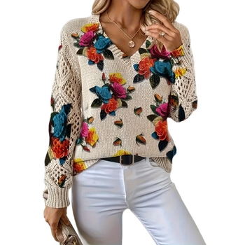 Пуловер с флорални мотиви, V-образно деколте, дълги ръкави, свободна кройка, полиестер ≥95%
