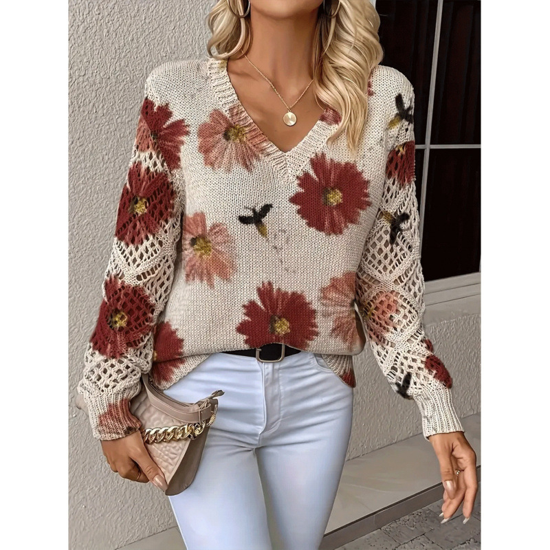 Пуловер с флорални мотиви, V-образно деколте, дълги ръкави, свободна кройка, полиестер ≥95%