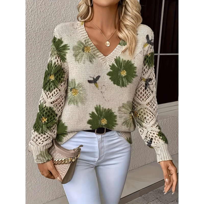 Пуловер с флорални мотиви, V-образно деколте, дълги ръкави, свободна кройка, полиестер ≥95%