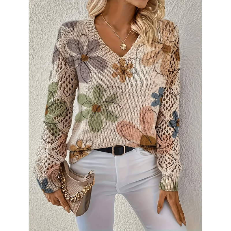 Пуловер с флорални мотиви, V-образно деколте, дълги ръкави, свободна кройка, полиестер ≥95%